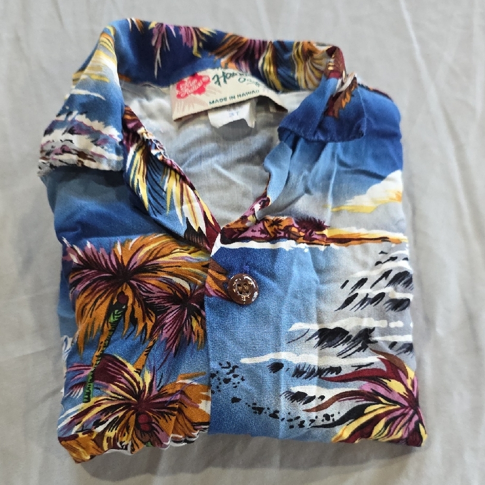Kids Blue Hawaiian Button-Down Shirt with Tropical Print Camp Shirt - Picture 6 of 6